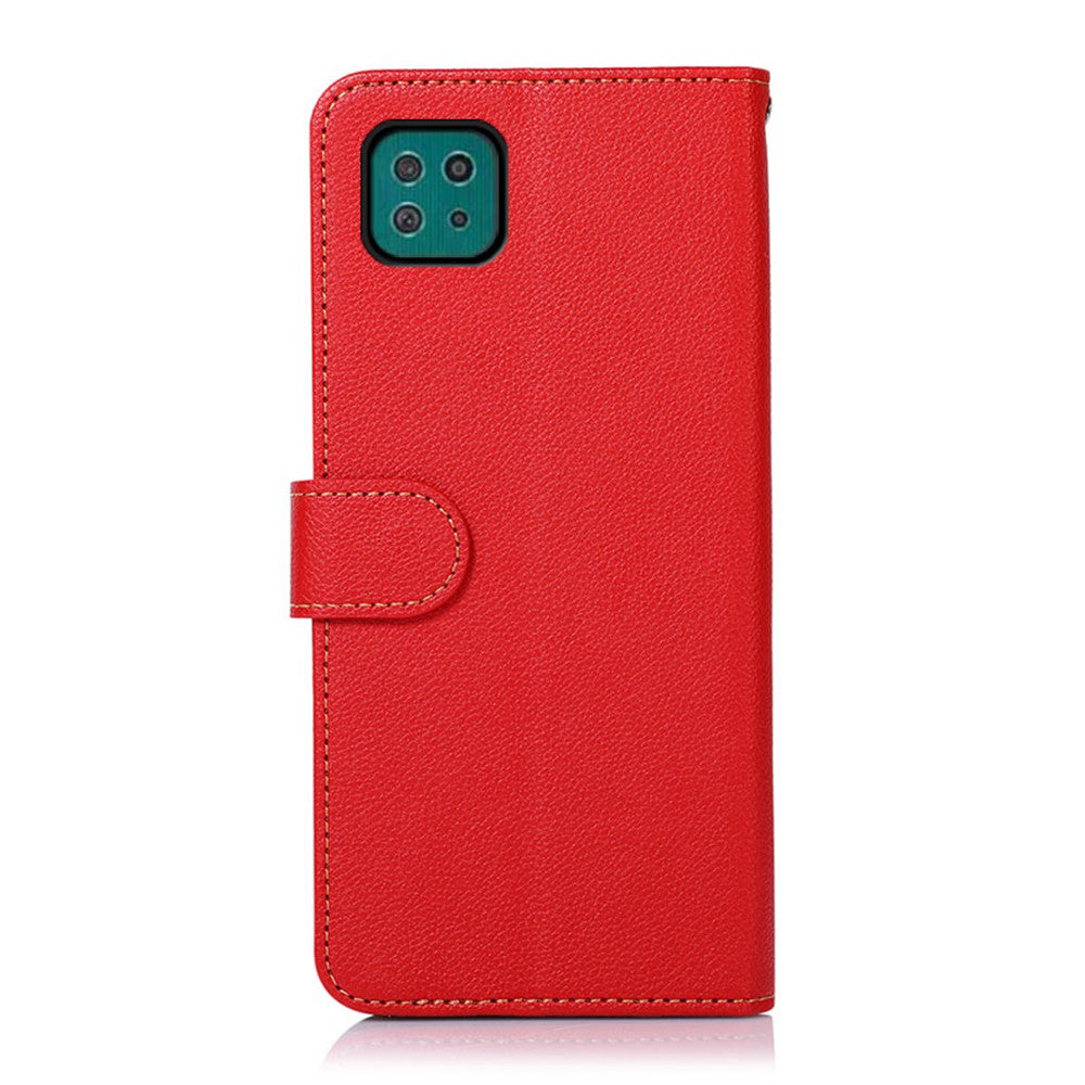 KHAZNEH Litchi Skin Leather Phone Shell Wallet Stand Design Case with RFID Blocking Anti-theft Swiping Design for Samsung Galaxy A22 5G (EU Version)