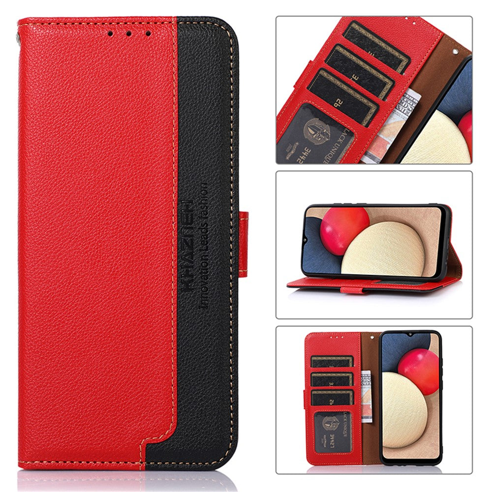 KHAZNEH Litchi Skin Leather Phone Shell Wallet Stand Design Case with RFID Blocking Anti-theft Swiping Design for Samsung Galaxy A22 5G (EU Version)