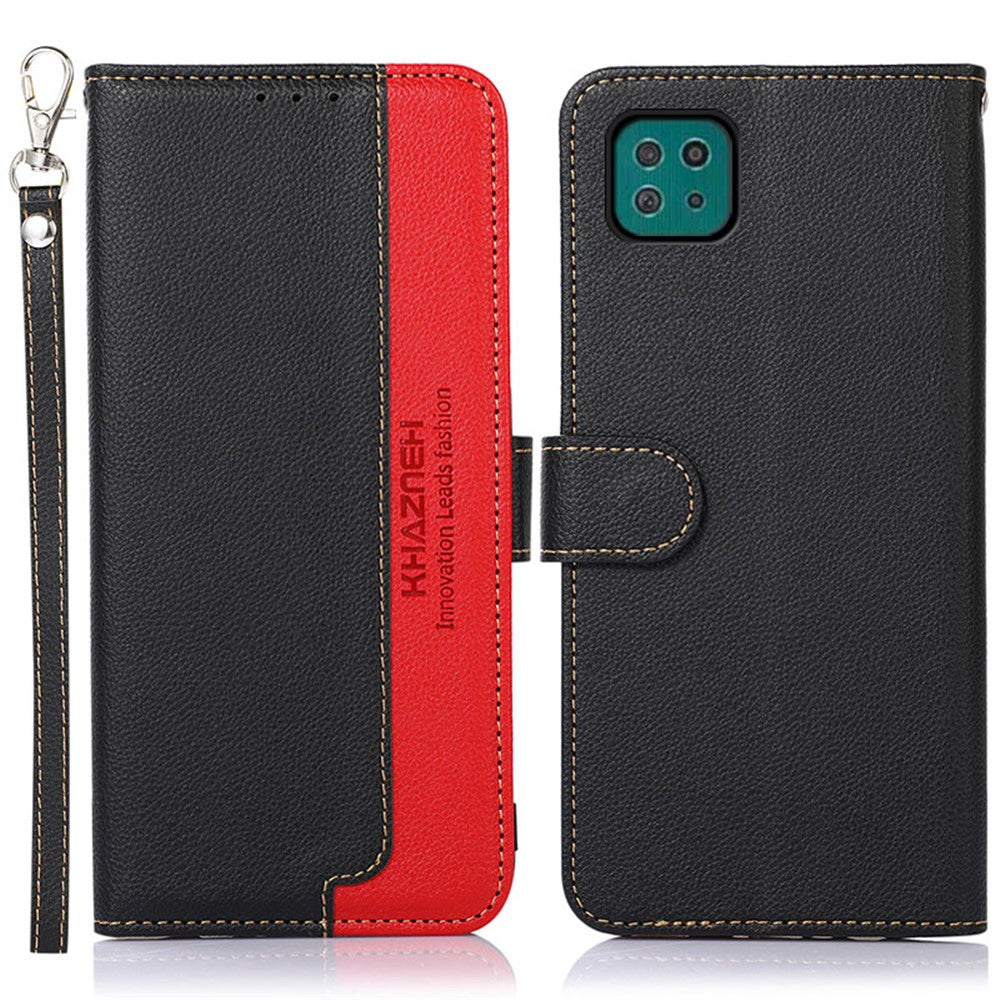 KHAZNEH Litchi Skin Leather Phone Shell Wallet Stand Design Case with RFID Blocking Anti-theft Swiping Design for Samsung Galaxy A22 5G (EU Version)