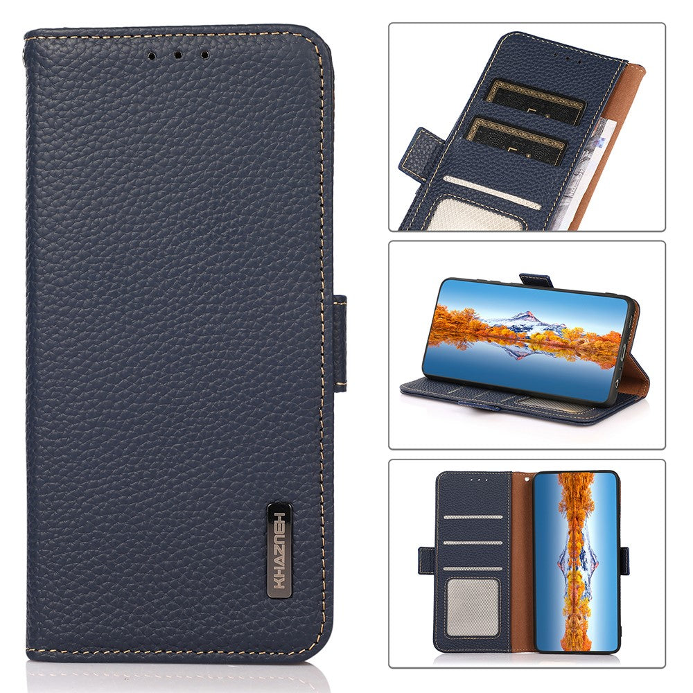 KHAZNEH RFID-blokerende design Litchi-tekstur læderbeskyttende etui med stander til Samsung Galaxy A22 5G (EU-version)