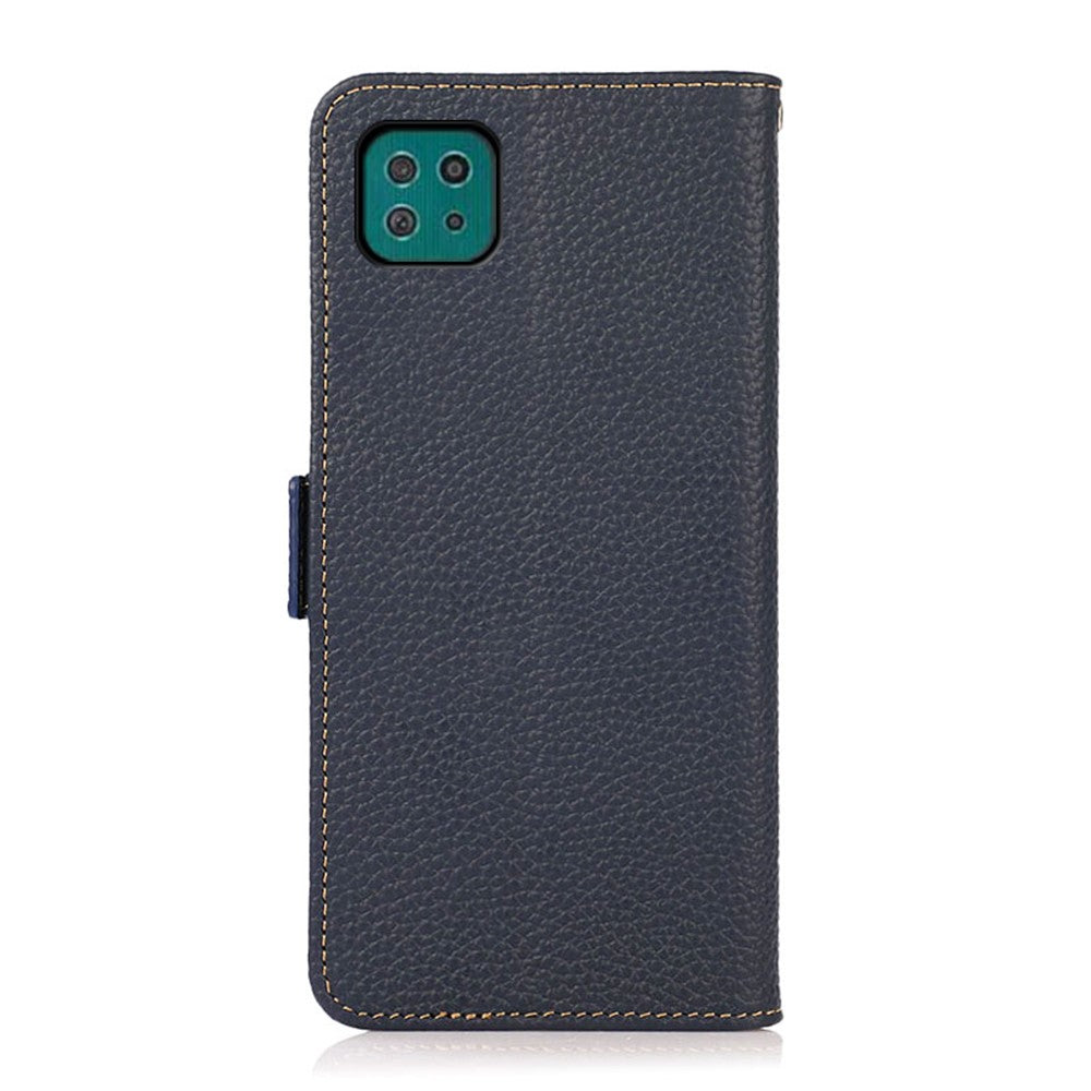 KHAZNEH RFID-blokerende design Litchi-tekstur læderbeskyttende etui med stander til Samsung Galaxy A22 5G (EU-version)