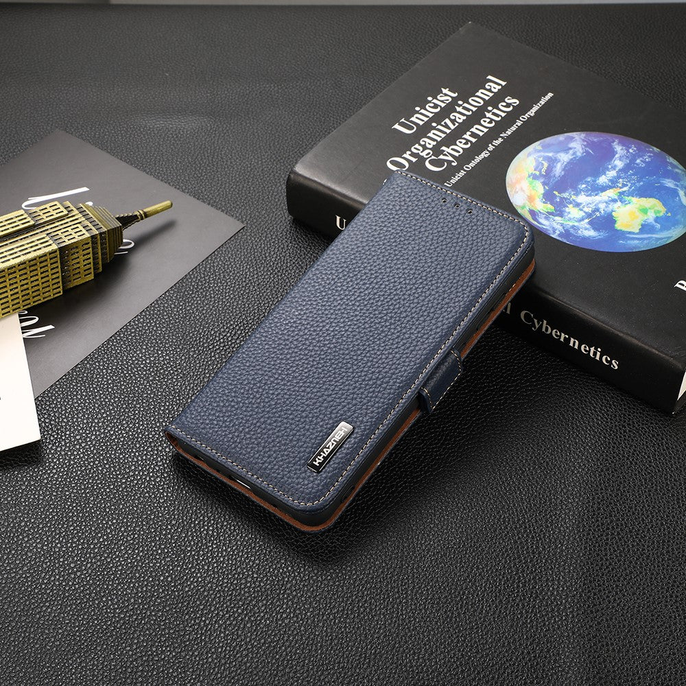 KHAZNEH RFID-blokerende design Litchi-tekstur læderbeskyttende etui med stander til Samsung Galaxy A22 5G (EU-version)