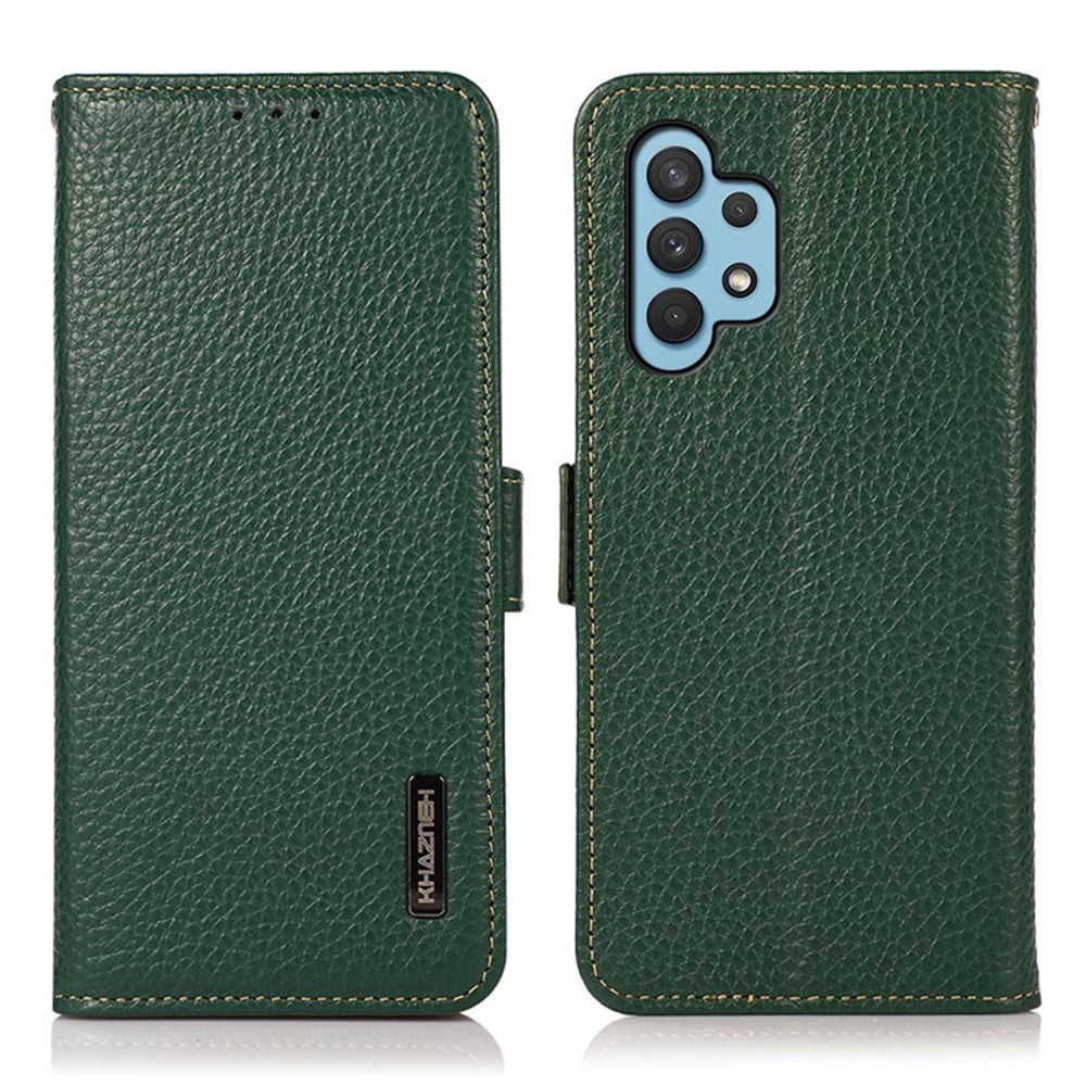 KHAZNEH Litchi Texture RFID Blocking Shockproof Leather Case Wallet Stand Cover for Samsung Galaxy A32 4G (EU Version)