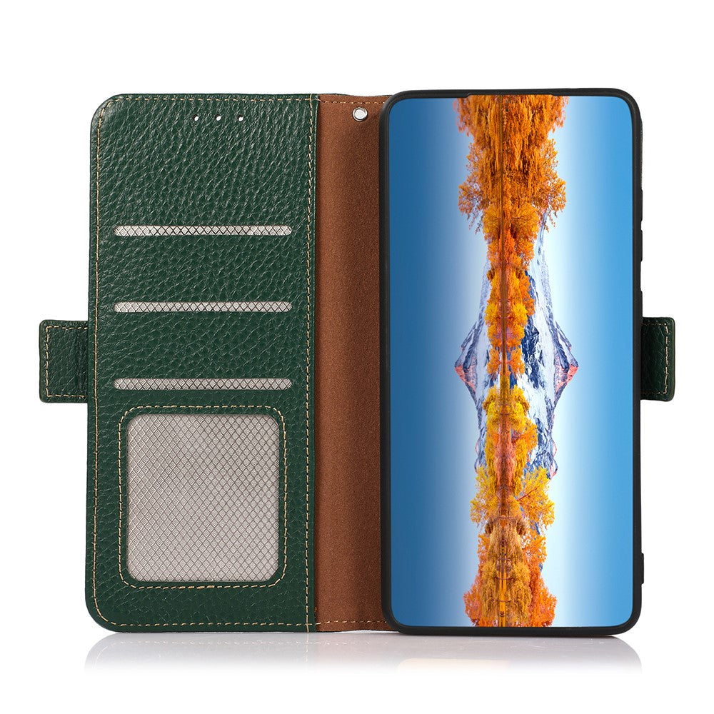 KHAZNEH Litchi Texture RFID Blocking Shockproof Leather Case Wallet Stand Cover for Samsung Galaxy A32 4G (EU Version)