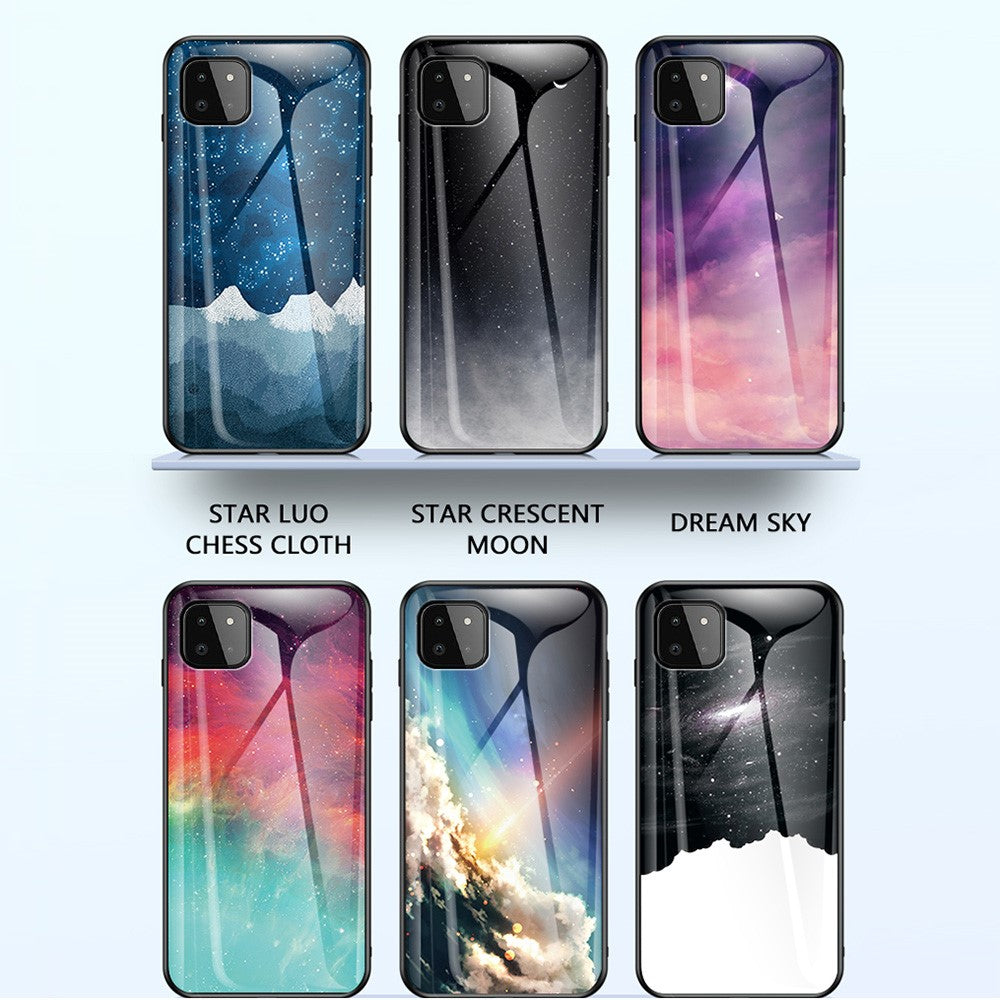 Well-Protected Starry Sky Pattern Anti-Scratch Tempered Glass Phone Hybrid Case Cover for Samsung Galaxy A22 5G (EU Version)