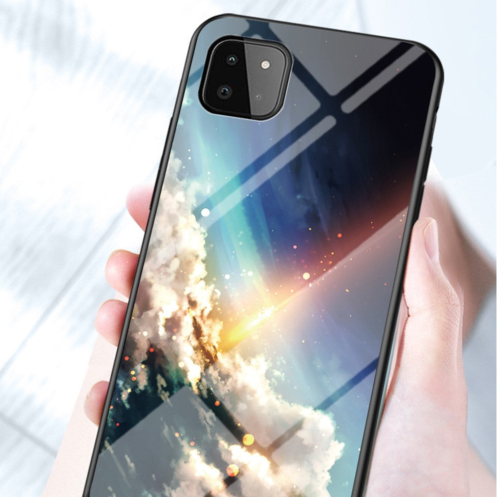 Well-Protected Starry Sky Pattern Anti-Scratch Tempered Glass Phone Hybrid Case Cover for Samsung Galaxy A22 5G (EU Version)