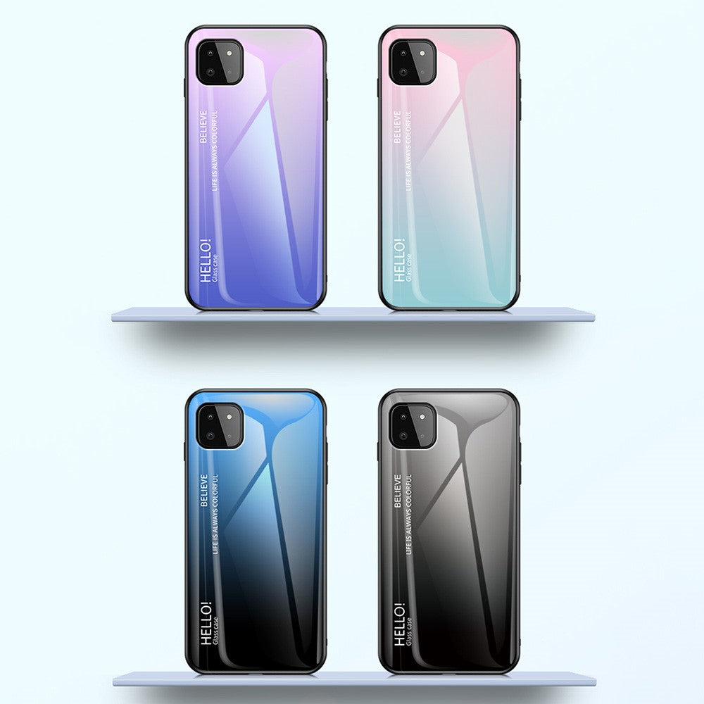 Well-Protected Anti-Scratch Tempered Glass Color Gradient Design Cell Phone Back Case for Samsung Galaxy A22 5G (EU Version)