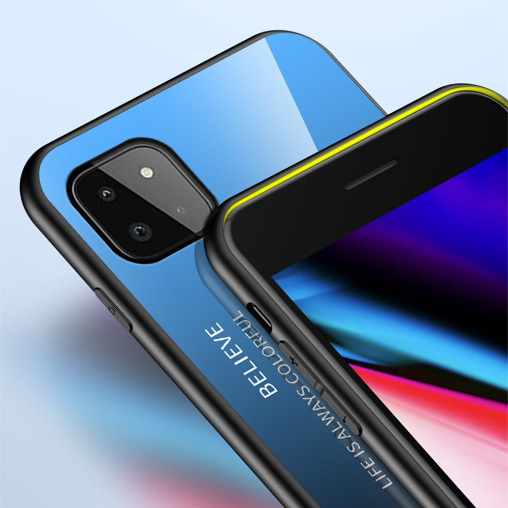 Well-Protected Anti-Scratch Tempered Glass Color Gradient Design Cell Phone Back Case for Samsung Galaxy A22 5G (EU Version)