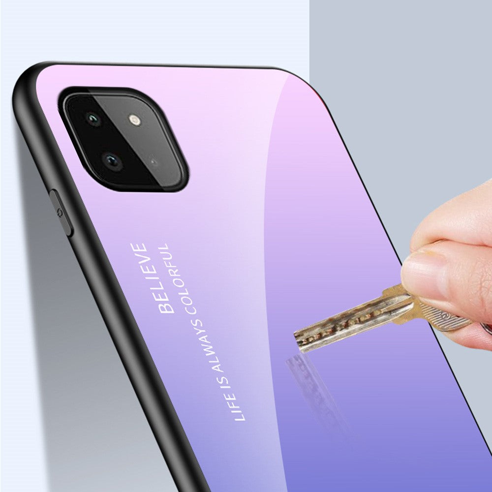Well-Protected Anti-Scratch Tempered Glass Color Gradient Design Cell Phone Back Case for Samsung Galaxy A22 5G (EU Version)