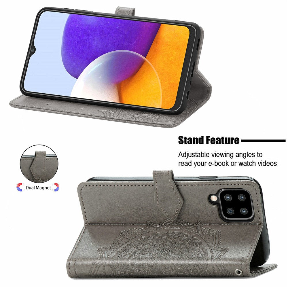 Embossed Mandala Flower PU Leather Case Stand Wallet for Samsung Galaxy A22 4G (EU Version)