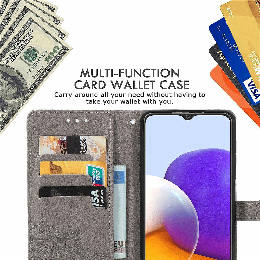 Embossed Mandala Flower PU Leather Case Stand Wallet for Samsung Galaxy A22 4G (EU Version)