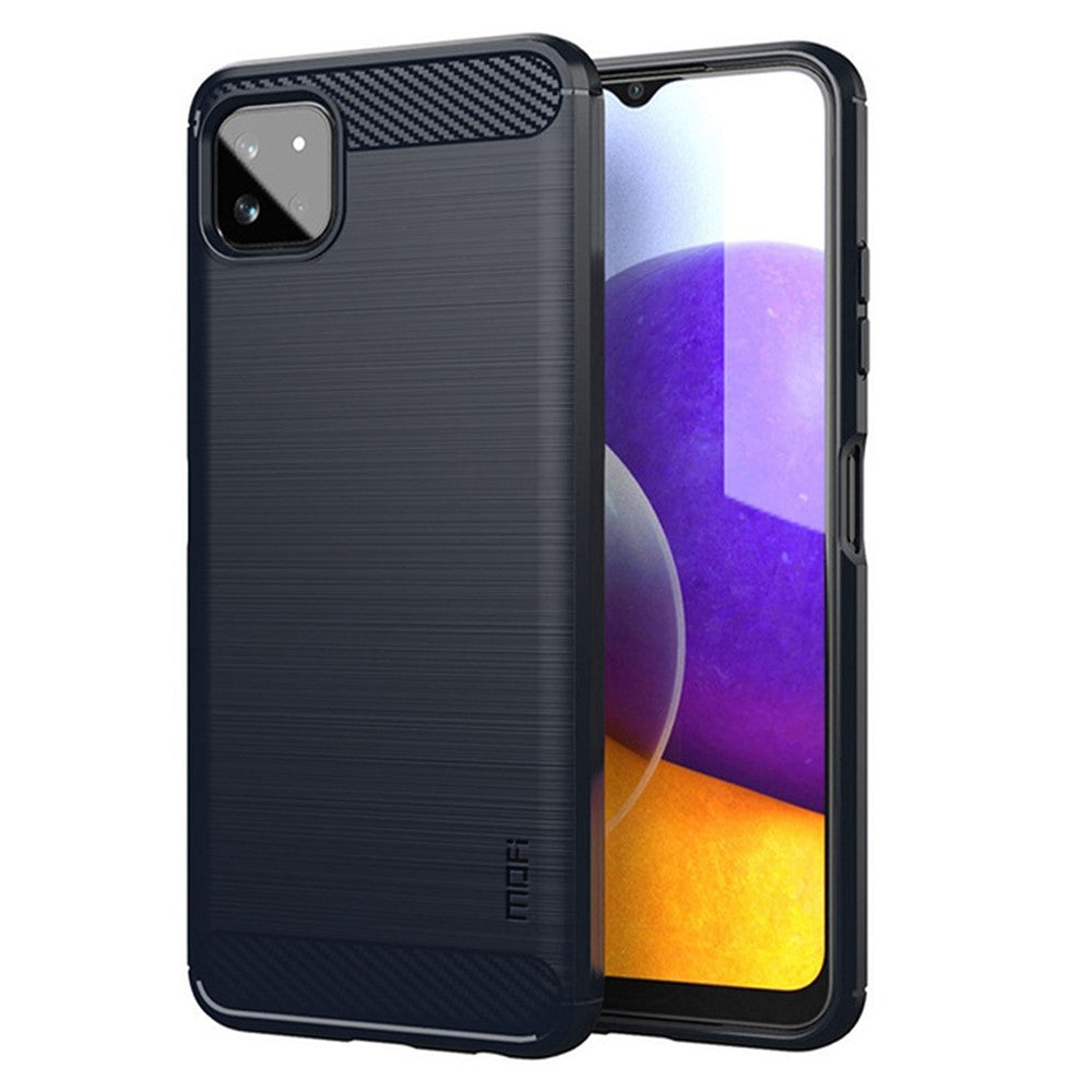 MOFI Godt Beskyttet Børstet Kulfiberdesign Blødt TPU Cover til Samsung Galaxy A22 5G (EU Version)