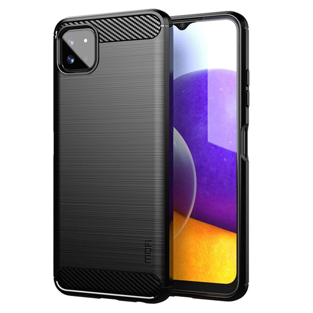 MOFI Godt Beskyttet Børstet Kulfiberdesign Blødt TPU Cover til Samsung Galaxy A22 5G (EU Version)