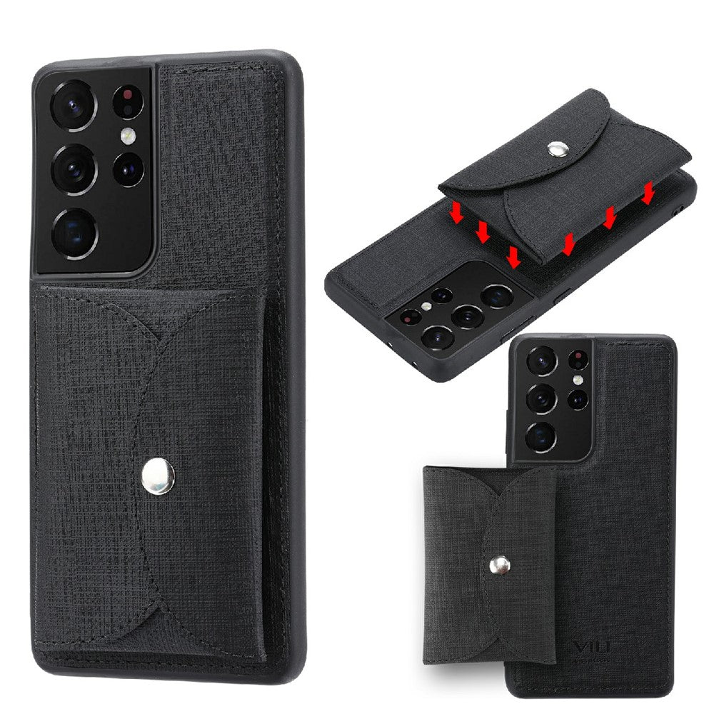 VILI T Series Movable Magnetic-Absorbed Wallet Leather Skin TPU Shell for Samsung Galaxy S21 Ultra 5G