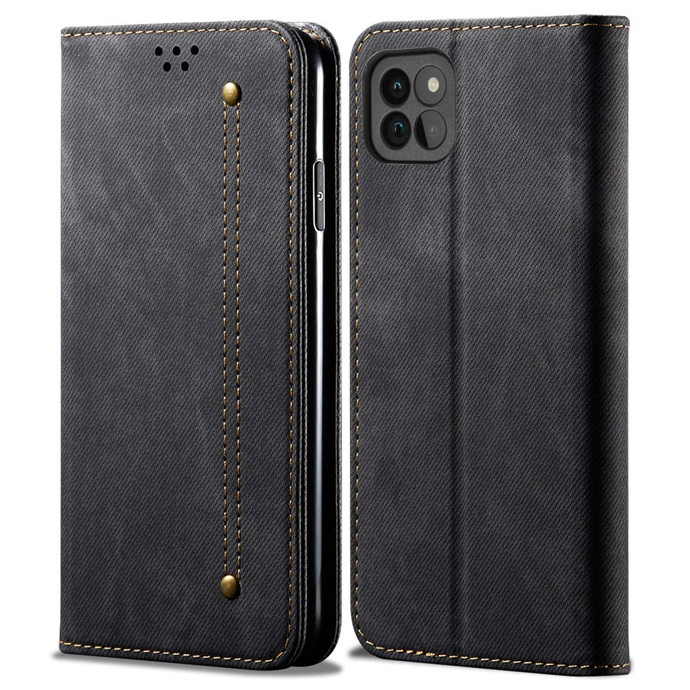 Jeans Stoftekstur Læder Telefoncover Pung Stativcover til Samsung Galaxy A22 5G (EU Version)
