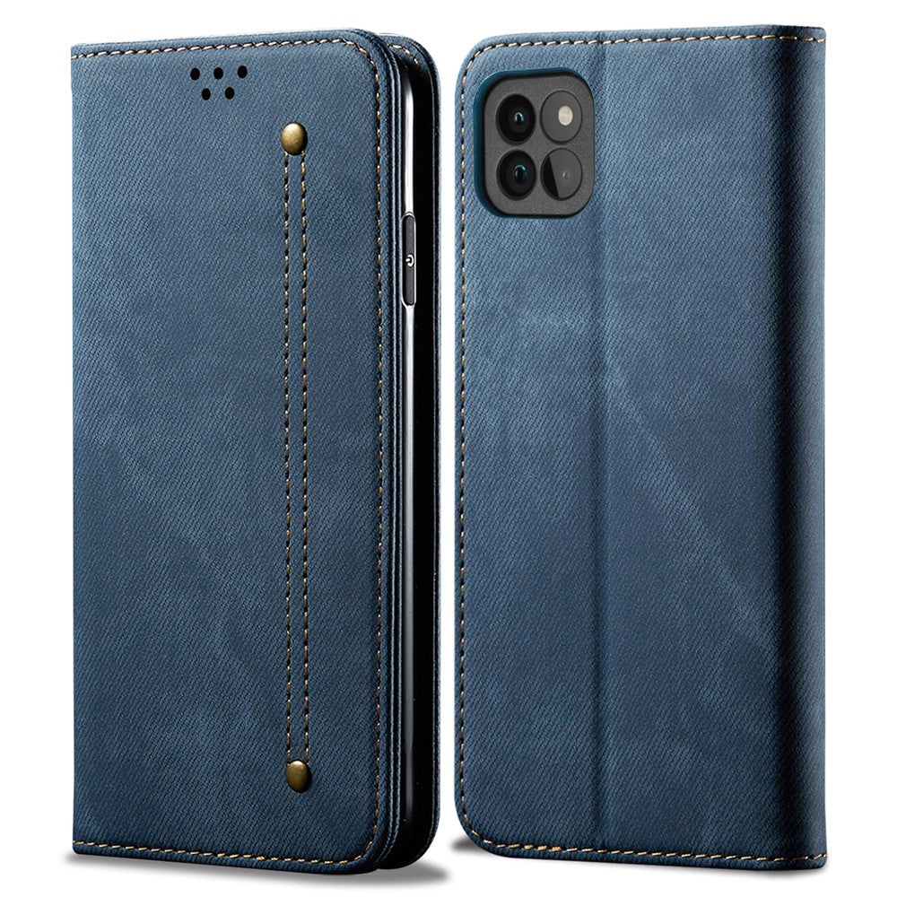 Jeans Stoftekstur Læder Telefoncover Pung Stativcover til Samsung Galaxy A22 5G (EU Version)