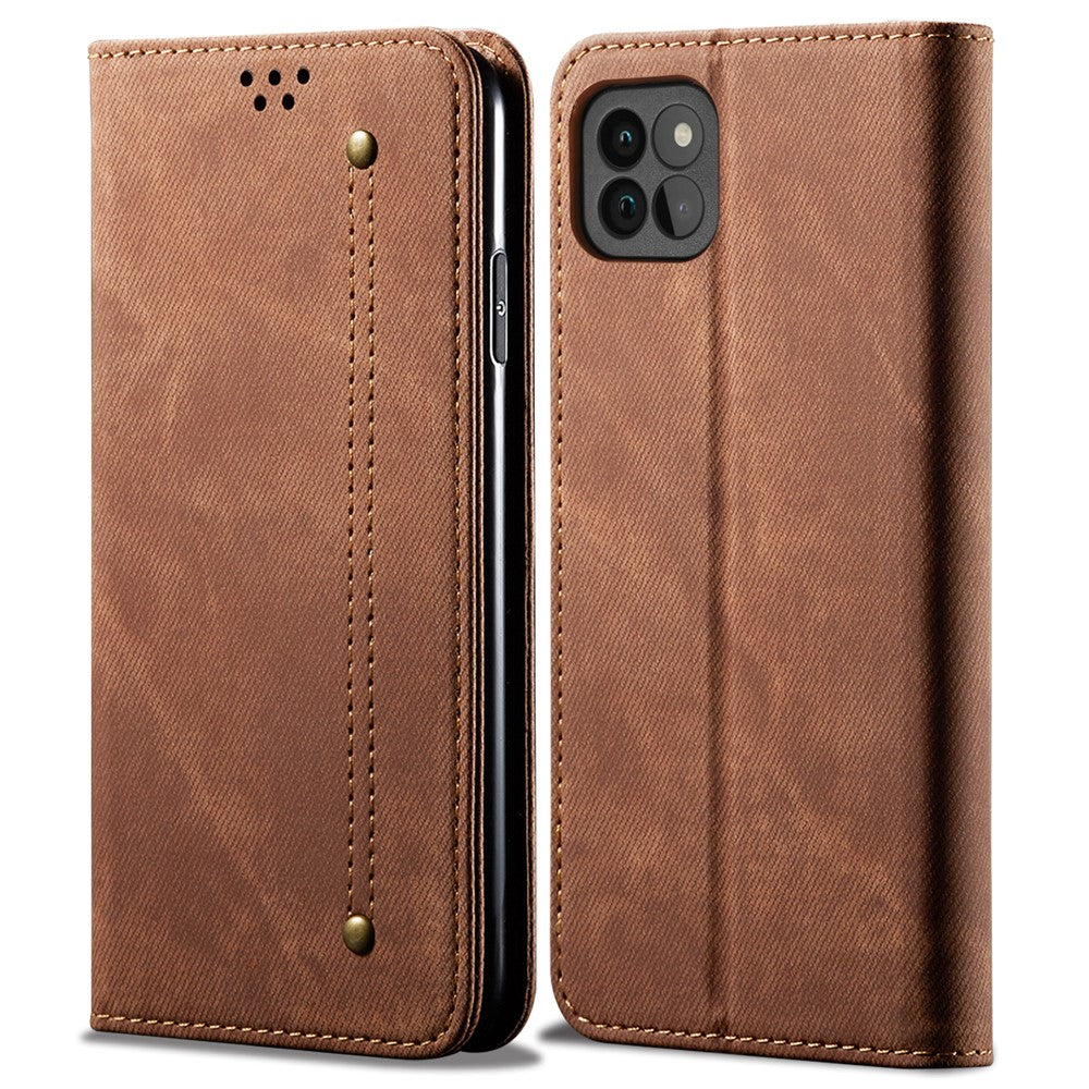 Jeans Stoftekstur Læder Telefoncover Pung Stativcover til Samsung Galaxy A22 5G (EU Version)