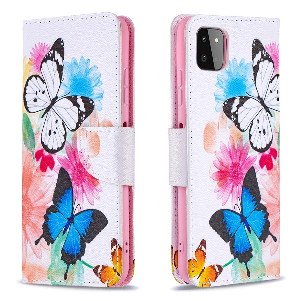 Mønstret print læder standerpung cover til Samsung Galaxy A22 5G (EU Version)