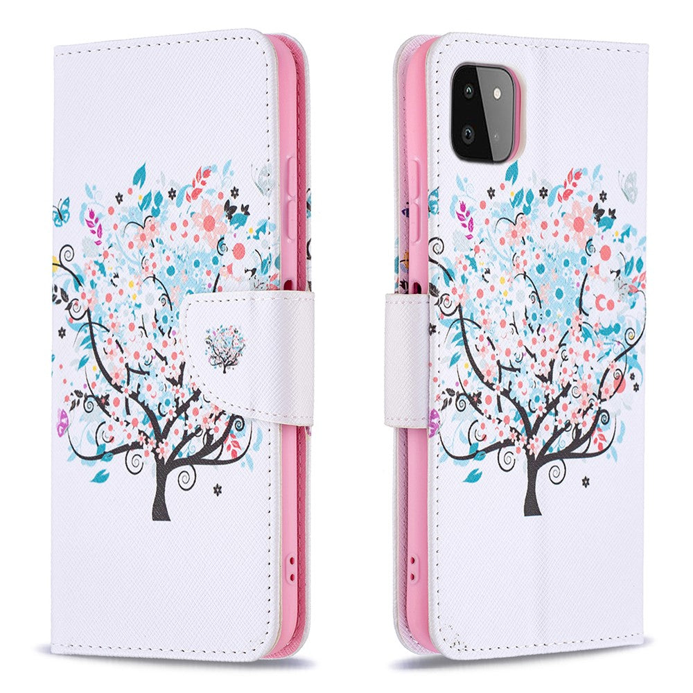 Mønstret print læder standerpung cover til Samsung Galaxy A22 5G (EU Version)