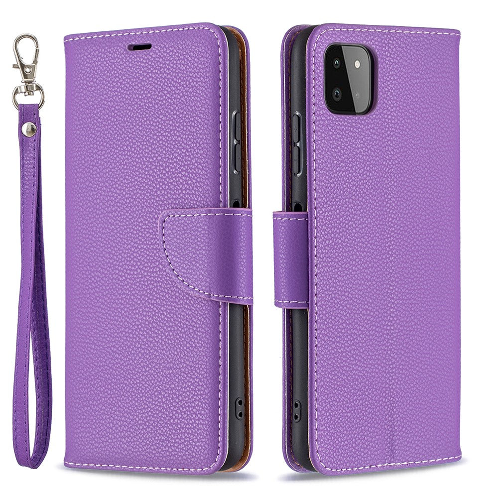 Ensfarvet Litchi-tekstur Wallet Stand Lædercover med Rem til Samsung Galaxy A22 5G (EU Version)
