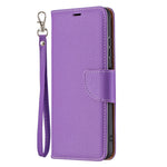 Ensfarvet Litchi-tekstur Wallet Stand Lædercover med Rem til Samsung Galaxy A22 5G (EU Version)