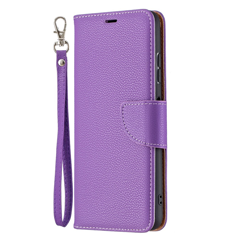 Ensfarvet Litchi-tekstur Wallet Stand Lædercover med Rem til Samsung Galaxy A22 5G (EU Version)