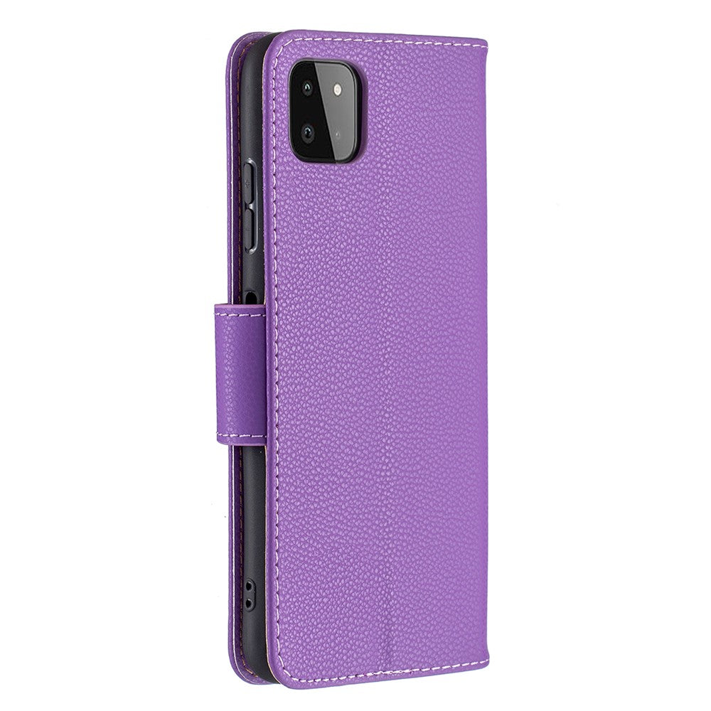 Ensfarvet Litchi-tekstur Wallet Stand Lædercover med Rem til Samsung Galaxy A22 5G (EU Version)