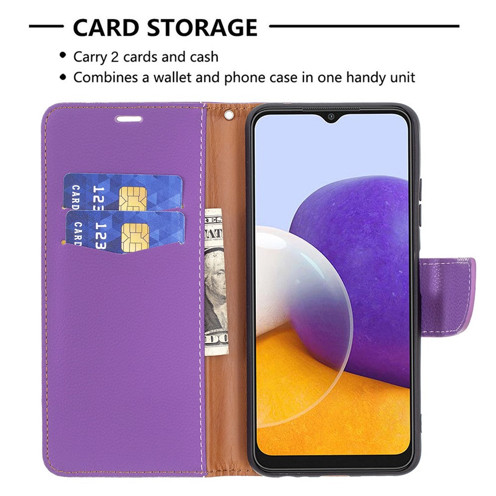 Ensfarvet Litchi-tekstur Wallet Stand Lædercover med Rem til Samsung Galaxy A22 5G (EU Version)