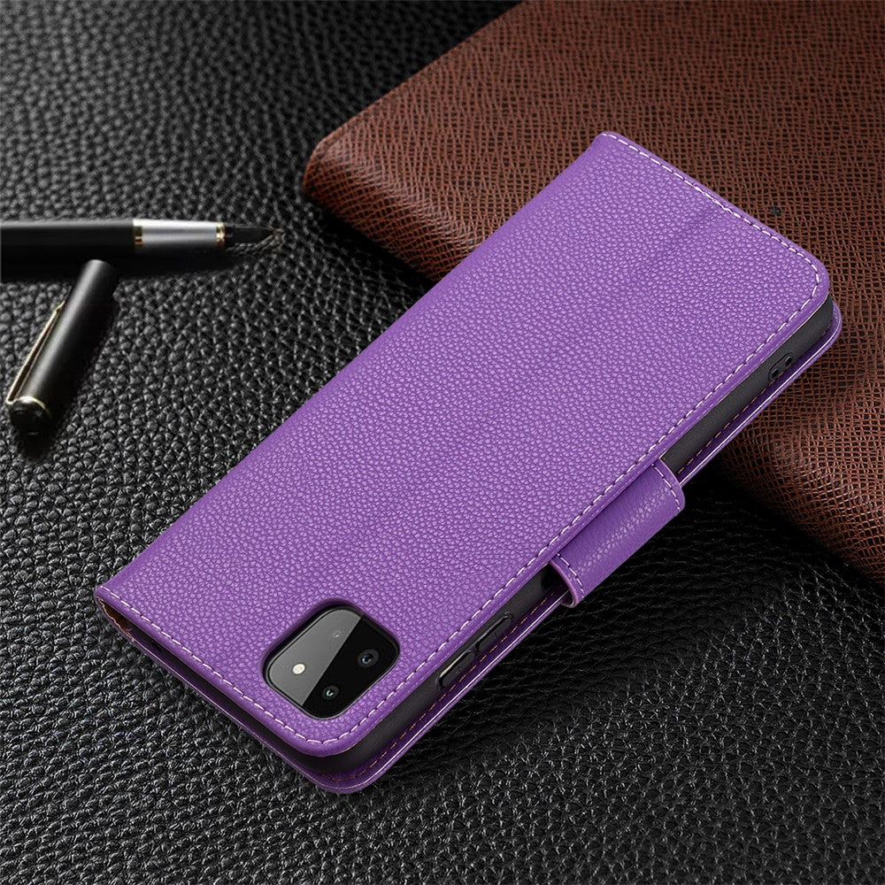 Ensfarvet Litchi-tekstur Wallet Stand Lædercover med Rem til Samsung Galaxy A22 5G (EU Version)