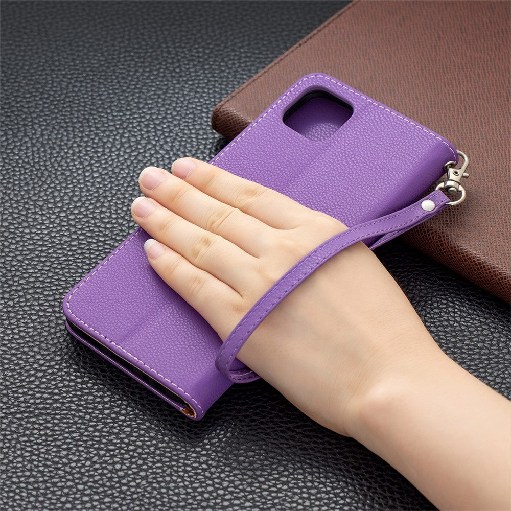 Ensfarvet Litchi-tekstur Wallet Stand Lædercover med Rem til Samsung Galaxy A22 5G (EU Version)