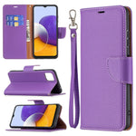 Ensfarvet Litchi-tekstur Wallet Stand Lædercover med Rem til Samsung Galaxy A22 5G (EU Version)