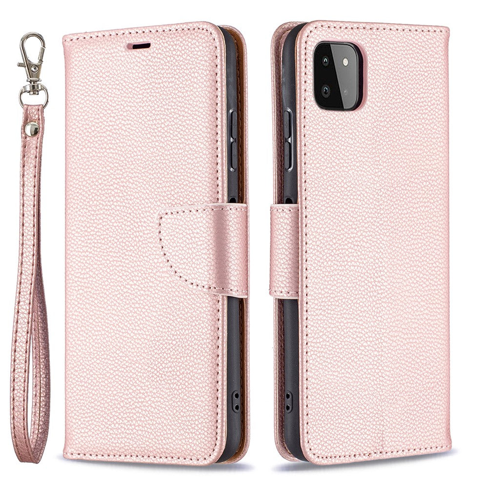 Ensfarvet Litchi-tekstur Wallet Stand Lædercover med Rem til Samsung Galaxy A22 5G (EU Version)