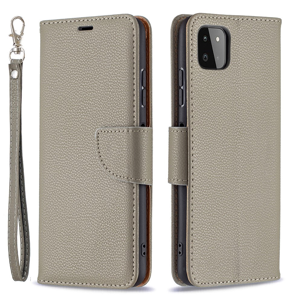 Ensfarvet Litchi-tekstur Wallet Stand Lædercover med Rem til Samsung Galaxy A22 5G (EU Version)