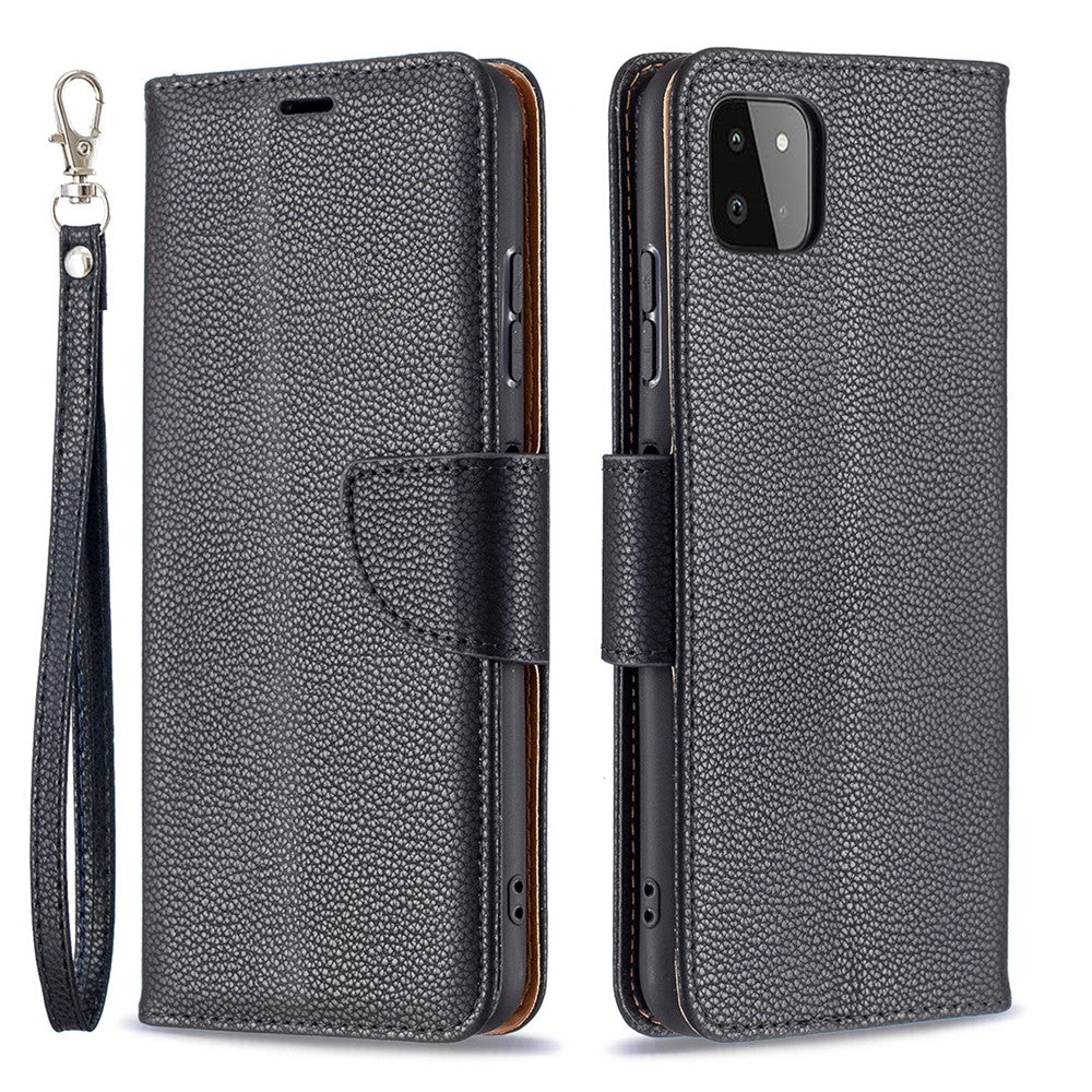 Ensfarvet Litchi-tekstur Wallet Stand Lædercover med Rem til Samsung Galaxy A22 5G (EU Version)