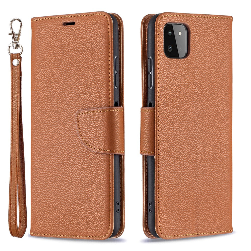 Ensfarvet Litchi-tekstur Wallet Stand Lædercover med Rem til Samsung Galaxy A22 5G (EU Version)