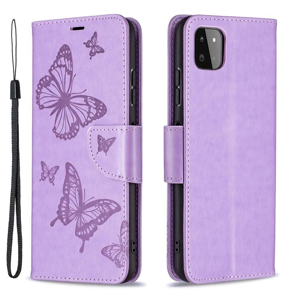 Læderpung-etui med sommerfuglemønster til Samsung Galaxy A22 5G (EU-version)