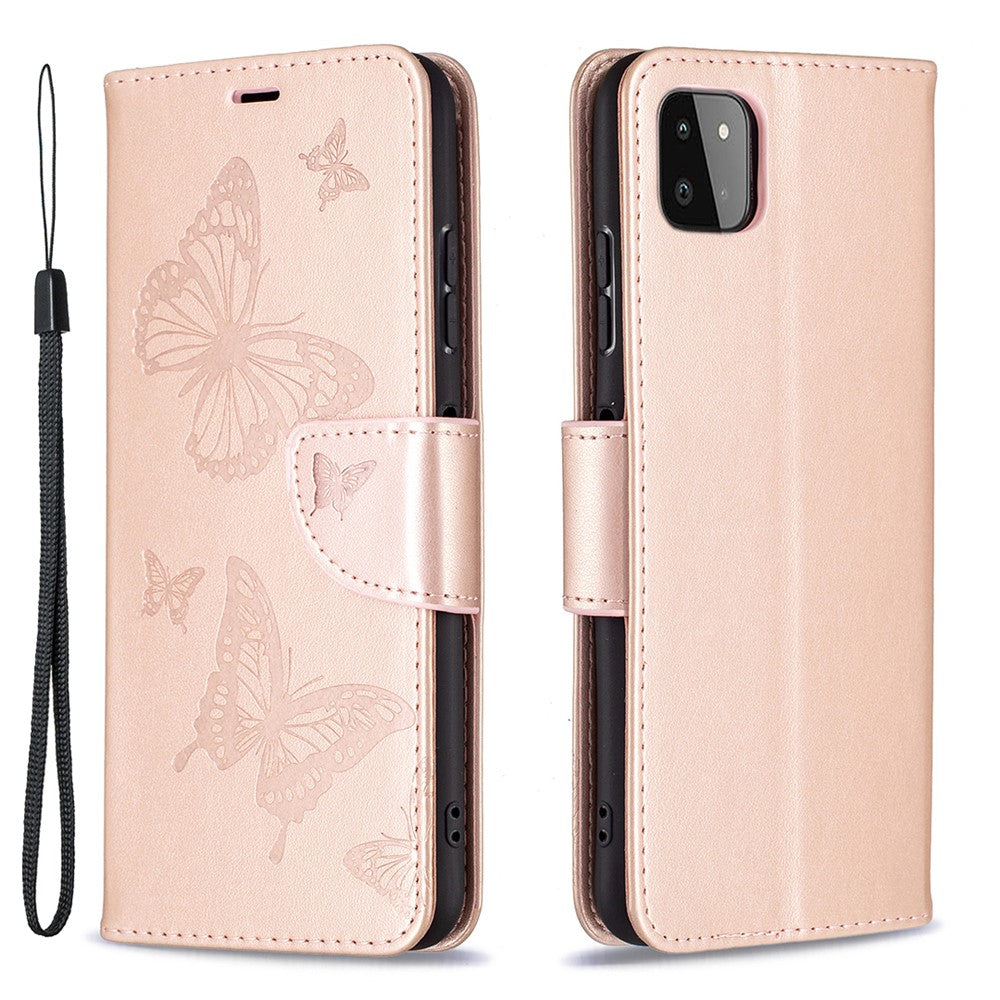 Læderpung-etui med sommerfuglemønster til Samsung Galaxy A22 5G (EU-version)
