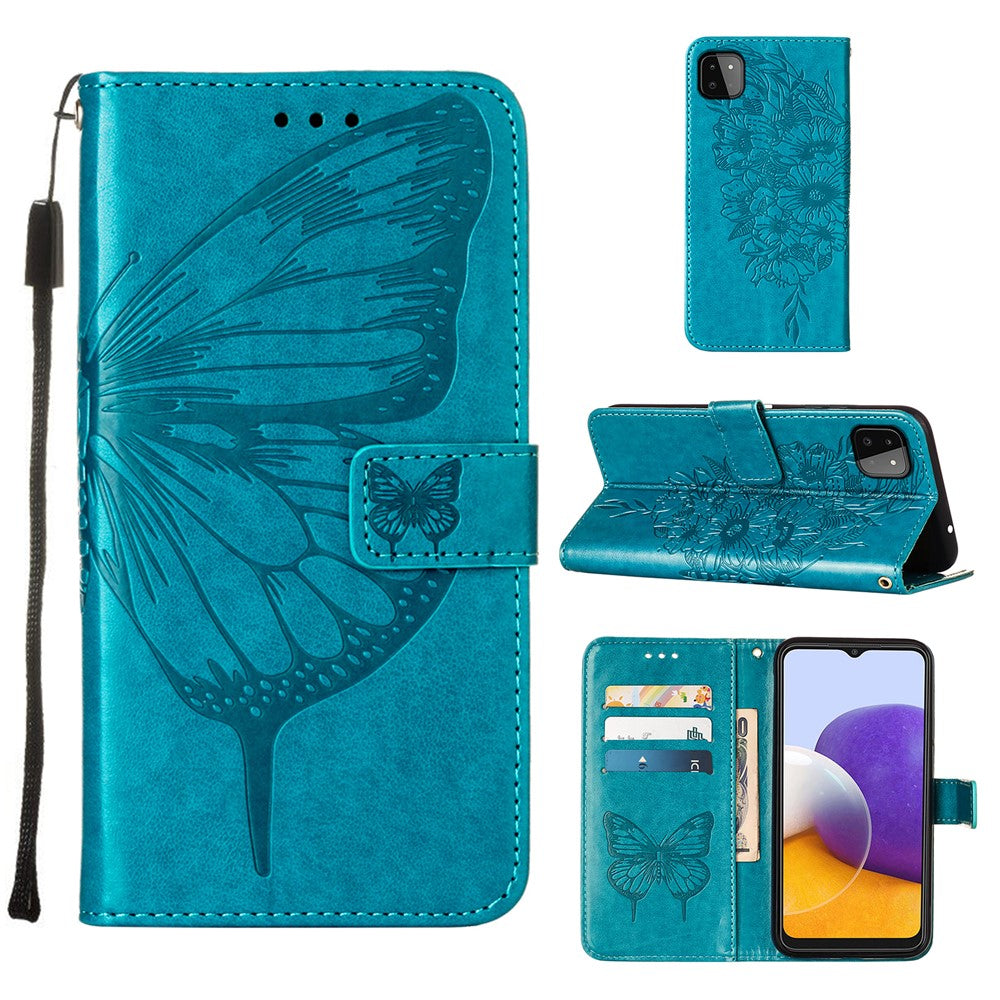 Til Samsung Galaxy A22 5G (EU-version) Imprint Butterfly Læderpung Stativ Etui