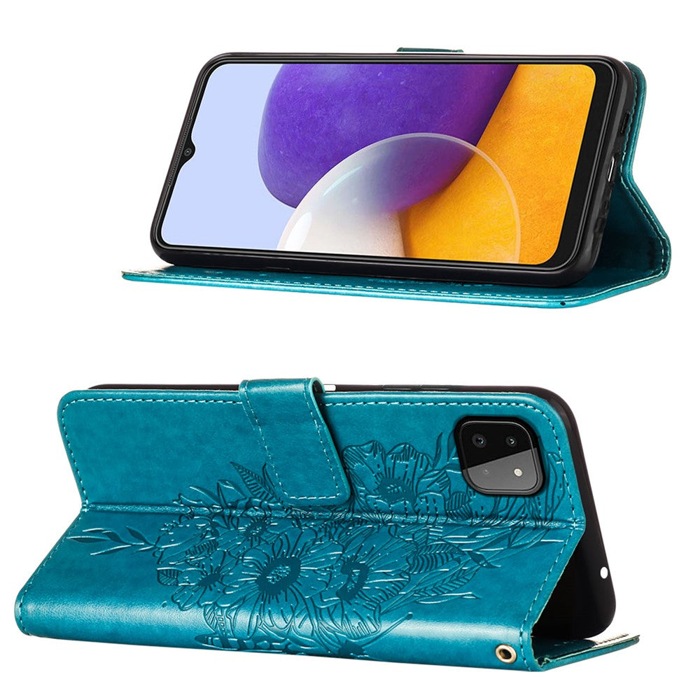 Til Samsung Galaxy A22 5G (EU-version) Imprint Butterfly Læderpung Stativ Etui