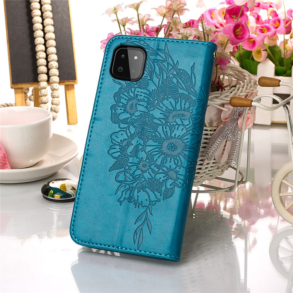 Til Samsung Galaxy A22 5G (EU-version) Imprint Butterfly Læderpung Stativ Etui