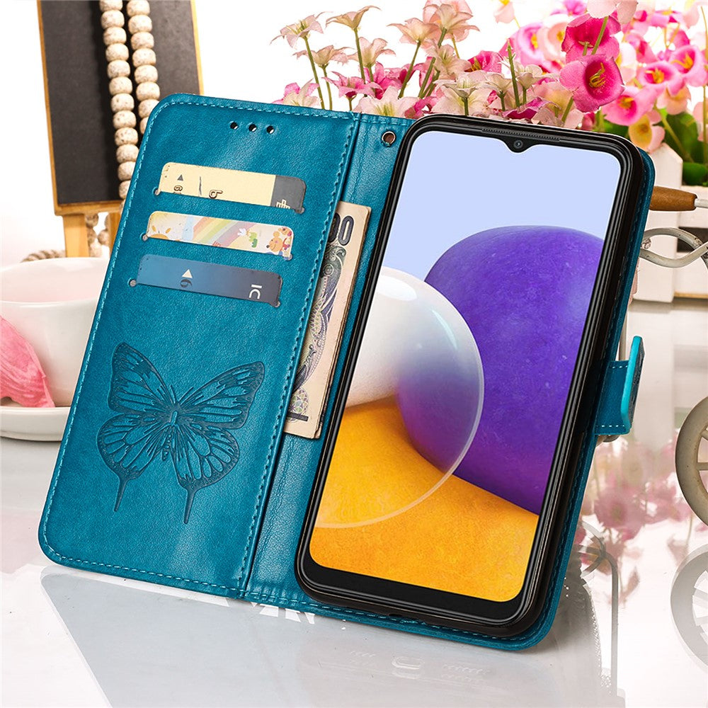 Til Samsung Galaxy A22 5G (EU-version) Imprint Butterfly Læderpung Stativ Etui