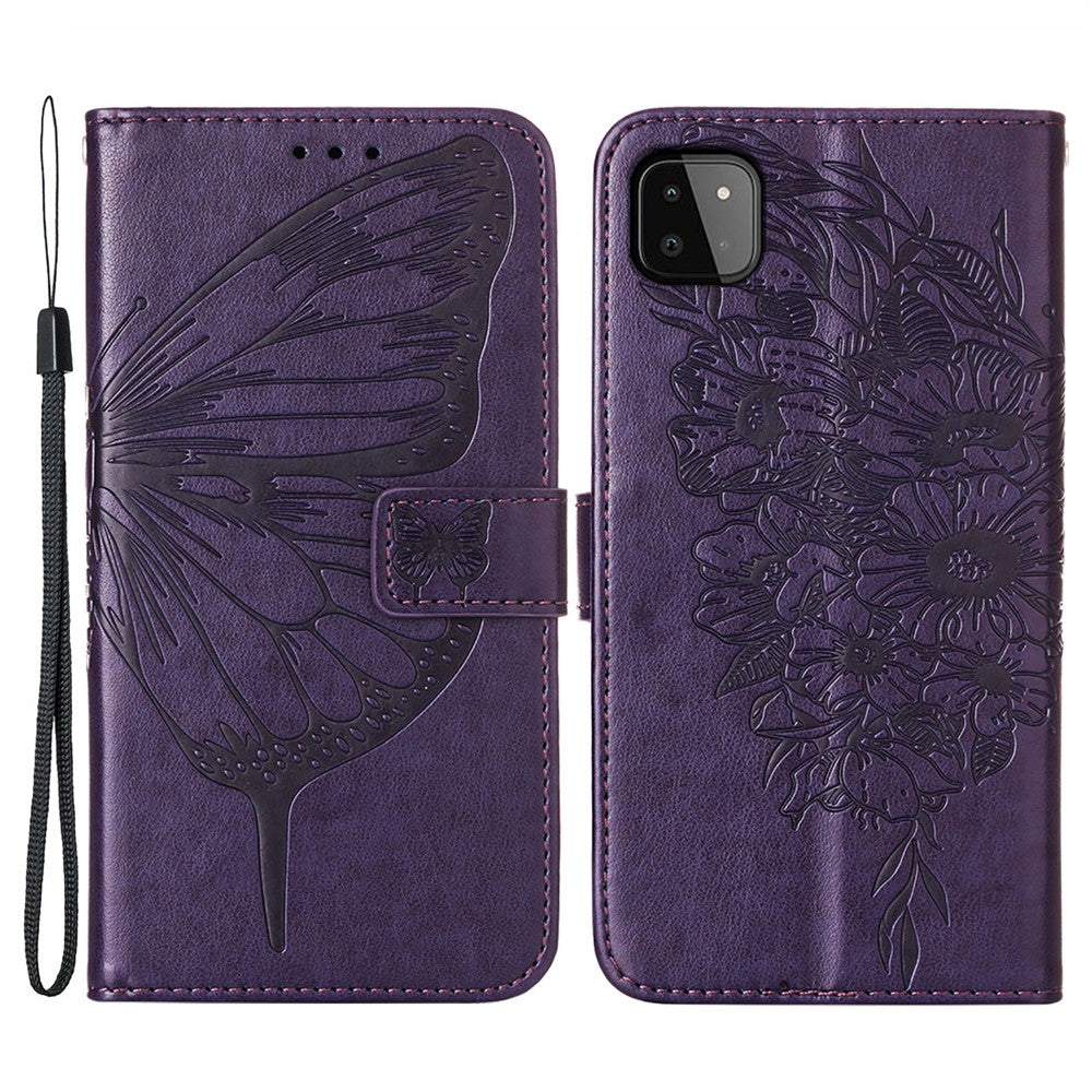Til Samsung Galaxy A22 5G (EU-version) Imprint Butterfly Læderpung Stativ Etui