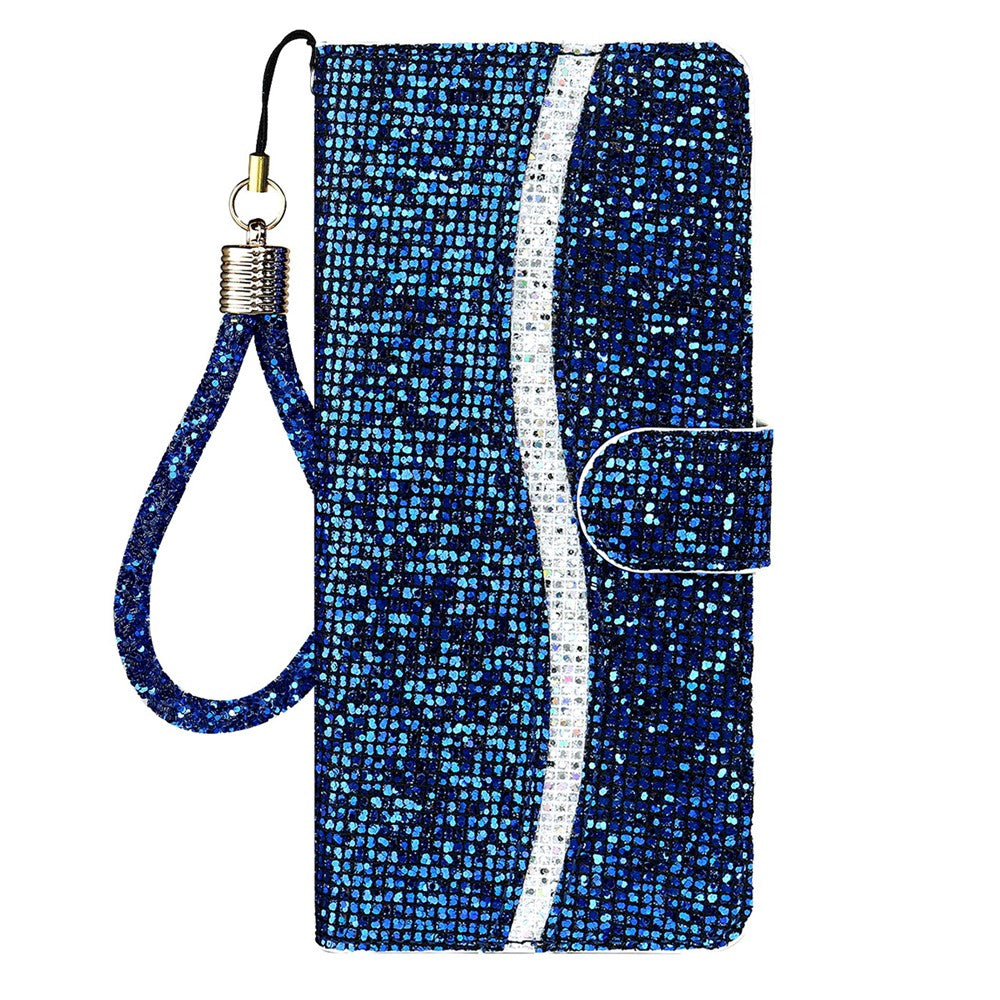 Glittery Powder Splicing Leather Wallet Stand Phone Case with Hand Strap for Samsung Galaxy A22 4G (EU Version)