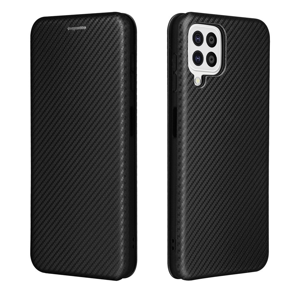 For Samsung Galaxy A22 4G (EU Version) Auto-absorbed Leather Case Carbon Fiber Texture Shock-proof Flip Cover with Card Holder and Ring Strap