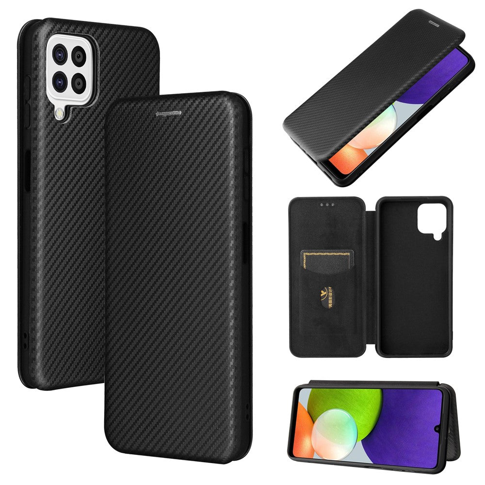 For Samsung Galaxy A22 4G (EU Version) Auto-absorbed Leather Case Carbon Fiber Texture Shock-proof Flip Cover with Card Holder and Ring Strap