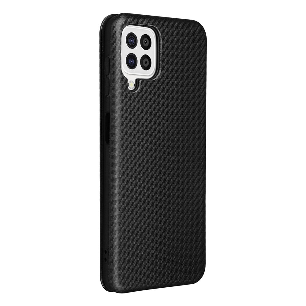 For Samsung Galaxy A22 4G (EU Version) Auto-absorbed Leather Case Carbon Fiber Texture Shock-proof Flip Cover with Card Holder and Ring Strap