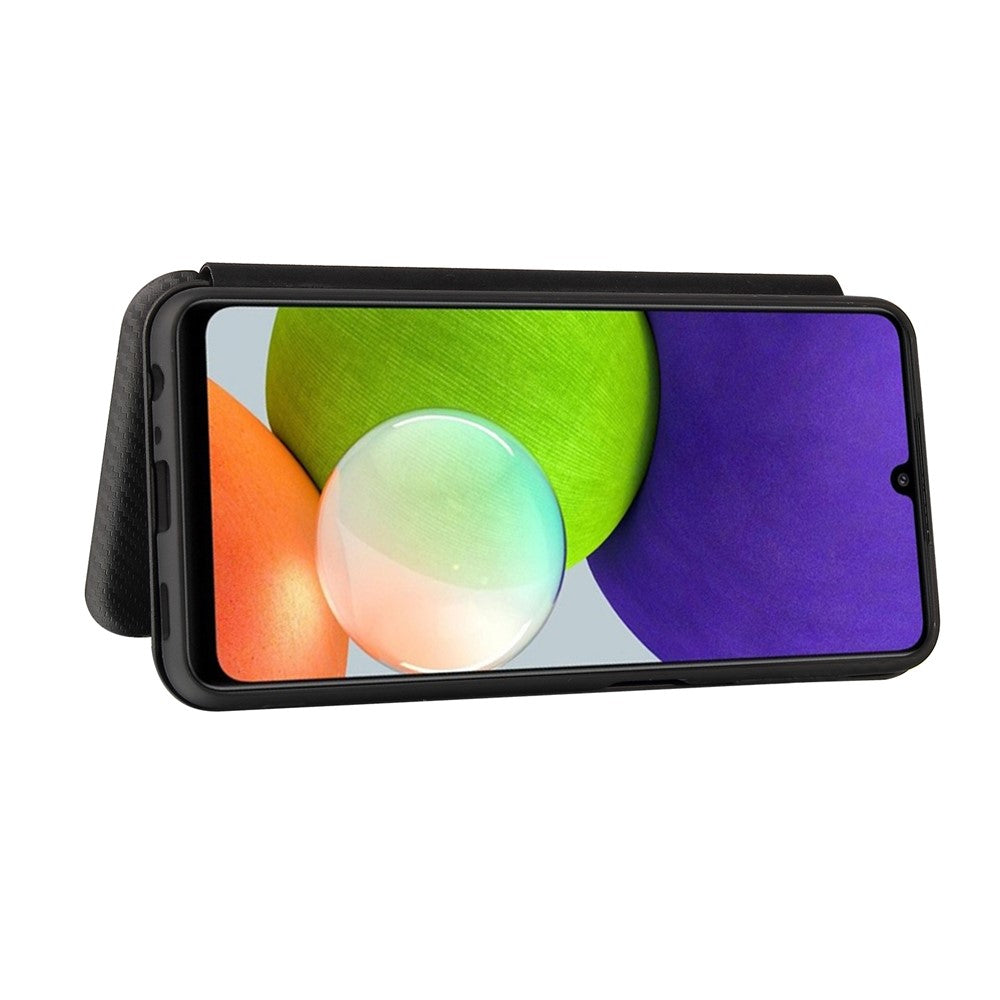 For Samsung Galaxy A22 4G (EU Version) Auto-absorbed Leather Case Carbon Fiber Texture Shock-proof Flip Cover with Card Holder and Ring Strap