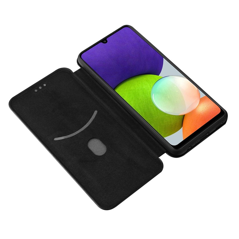 For Samsung Galaxy A22 4G (EU Version) Auto-absorbed Leather Case Carbon Fiber Texture Shock-proof Flip Cover with Card Holder and Ring Strap
