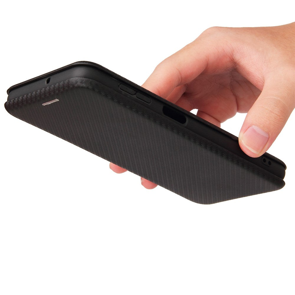 For Samsung Galaxy A22 4G (EU Version) Auto-absorbed Leather Case Carbon Fiber Texture Shock-proof Flip Cover with Card Holder and Ring Strap