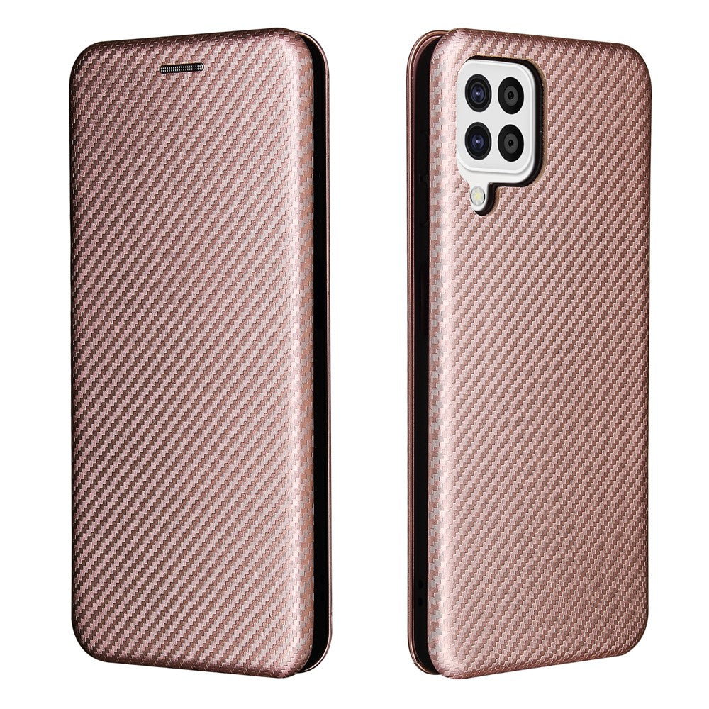 For Samsung Galaxy A22 4G (EU Version) Auto-absorbed Leather Case Carbon Fiber Texture Shock-proof Flip Cover with Card Holder and Ring Strap